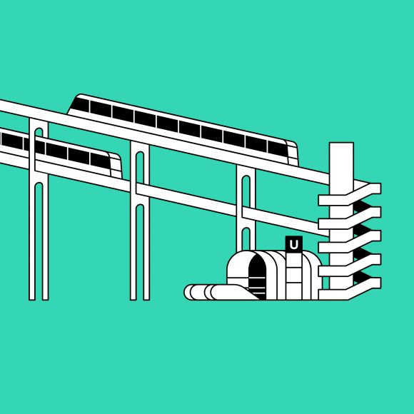 Titel: Urban structures: Transportation. Utopian two-storey furnicolare/cog railway